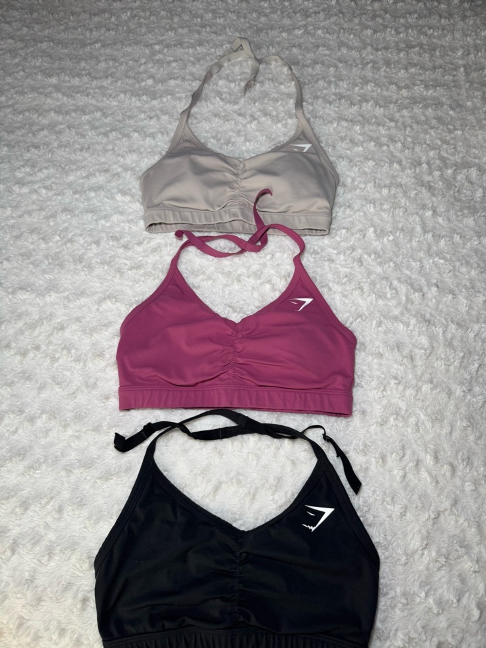 Gymshark 3-Pack Sports Bras in Black, Mauve Pink, and Beige